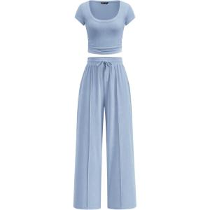 imagePRETTYGARDEN Womens 2 Piece Matching Lounge Sets Ribbed Short Sleeve Crop Tops Wide Leg Pants 2026 Summer Airport OutfitsLight Blue