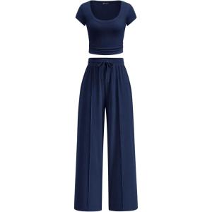 imagePRETTYGARDEN Womens 2 Piece Matching Lounge Sets Ribbed Short Sleeve Crop Tops Wide Leg Pants 2026 Summer Airport OutfitsNavy Blue
