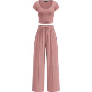 imagePRETTYGARDEN Womens 2 Piece Matching Lounge Sets Ribbed Short Sleeve Crop Tops Wide Leg Pants 2026 Summer Airport OutfitsPink
