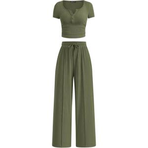 imagePRETTYGARDEN Womens 2 Piece Outfits Summer 2026 Ribbed Knit Button Short Sleeve Tops Casual Wide Leg Pants Lounge SetsArmy Green
