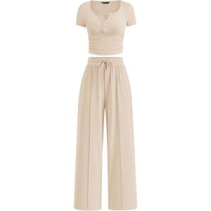 imagePRETTYGARDEN Womens 2 Piece Outfits Summer 2026 Ribbed Knit Button Short Sleeve Tops Casual Wide Leg Pants Lounge SetsBeige