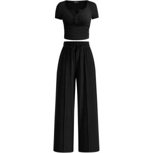 imagePRETTYGARDEN Womens 2 Piece Outfits Summer 2026 Ribbed Knit Button Short Sleeve Tops Casual Wide Leg Pants Lounge SetsBlack