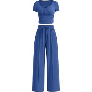 imagePRETTYGARDEN Womens 2 Piece Outfits Summer 2026 Ribbed Knit Button Short Sleeve Tops Casual Wide Leg Pants Lounge SetsBlue