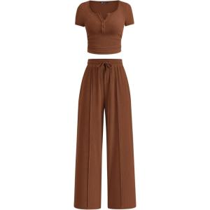 imagePRETTYGARDEN Womens 2 Piece Outfits Summer 2026 Ribbed Knit Button Short Sleeve Tops Casual Wide Leg Pants Lounge SetsBrown
