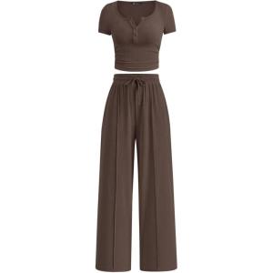imagePRETTYGARDEN Womens 2 Piece Outfits Summer 2026 Ribbed Knit Button Short Sleeve Tops Casual Wide Leg Pants Lounge SetsCoffee