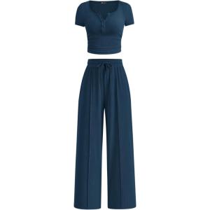 imagePRETTYGARDEN Womens 2 Piece Outfits Summer 2026 Ribbed Knit Button Short Sleeve Tops Casual Wide Leg Pants Lounge SetsDark Blue