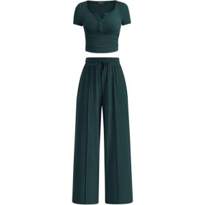imagePRETTYGARDEN Womens 2 Piece Outfits Summer 2026 Ribbed Knit Button Short Sleeve Tops Casual Wide Leg Pants Lounge SetsDark Green