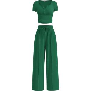 imagePRETTYGARDEN Womens 2 Piece Outfits Summer 2026 Ribbed Knit Button Short Sleeve Tops Casual Wide Leg Pants Lounge SetsGreen