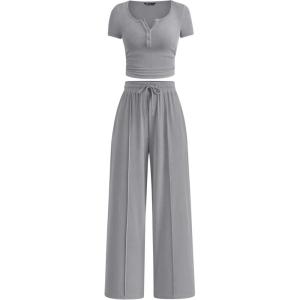 imagePRETTYGARDEN Womens 2 Piece Outfits Summer 2026 Ribbed Knit Button Short Sleeve Tops Casual Wide Leg Pants Lounge SetsGrey