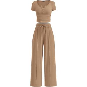 imagePRETTYGARDEN Womens 2 Piece Outfits Summer 2026 Ribbed Knit Button Short Sleeve Tops Casual Wide Leg Pants Lounge SetsKhaki