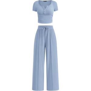 imagePRETTYGARDEN Womens 2 Piece Outfits Summer 2026 Ribbed Knit Button Short Sleeve Tops Casual Wide Leg Pants Lounge SetsLight Blue