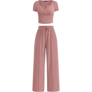 imagePRETTYGARDEN Womens 2 Piece Outfits Summer 2026 Ribbed Knit Button Short Sleeve Tops Casual Wide Leg Pants Lounge SetsPink