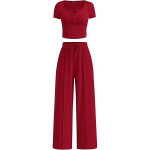 imagePRETTYGARDEN Womens 2 Piece Outfits Summer 2026 Ribbed Knit Button Short Sleeve Tops Casual Wide Leg Pants Lounge SetsRed