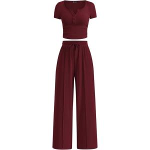 imagePRETTYGARDEN Womens 2 Piece Outfits Summer 2026 Ribbed Knit Button Short Sleeve Tops Casual Wide Leg Pants Lounge SetsWine Red