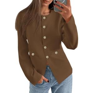 imagePRETTYGARDEN Womens 2026 Fall Blazers Button Down Fitted Lightweight Dressy Work Suit Jackets Trendy Business Casual OutfitsBrown
