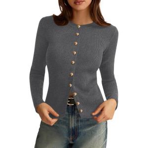 imagePRETTYGARDEN Womens 2026 Fall Cardigan Sweaters Lightweight Long Sleeve Button up Ribbed Knit Tops Winter Fashion ClothesGrey