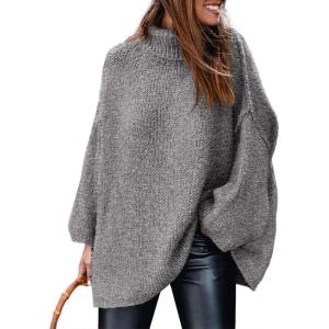 imagePRETTYGARDEN Womens 2026 Fall Turtleneck Oversized Sweaters Long Sleeve Chunky Knit Pullover Tops Winter Fashion ClothesGrey