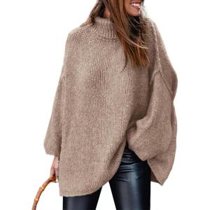 imagePRETTYGARDEN Womens 2026 Fall Turtleneck Oversized Sweaters Long Sleeve Chunky Knit Pullover Tops Winter Fashion ClothesKhaki