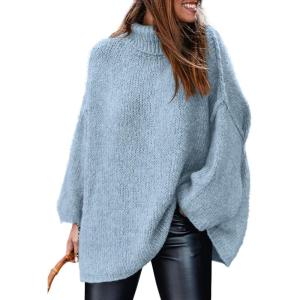 imagePRETTYGARDEN Womens 2026 Fall Turtleneck Oversized Sweaters Long Sleeve Chunky Knit Pullover Tops Winter Fashion ClothesLight Blue