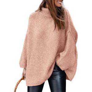 imagePRETTYGARDEN Womens 2026 Fall Turtleneck Oversized Sweaters Long Sleeve Chunky Knit Pullover Tops Winter Fashion ClothesLight Pink