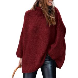 imagePRETTYGARDEN Womens 2026 Fall Turtleneck Oversized Sweaters Long Sleeve Chunky Knit Pullover Tops Winter Fashion ClothesWine Red