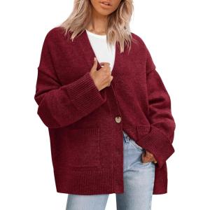 imagePRETTYGARDEN Womens 2026 Oversized Cardigan Sweaters Trendy Chunky Knit Long Sleeve V Neck Button Down Fall Winter OutfitsBurgundy