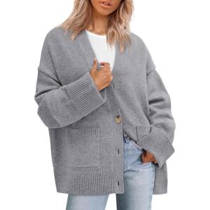 imagePRETTYGARDEN Womens 2026 Oversized Cardigan Sweaters Trendy Chunky Knit Long Sleeve V Neck Button Down Fall Winter OutfitsGrey