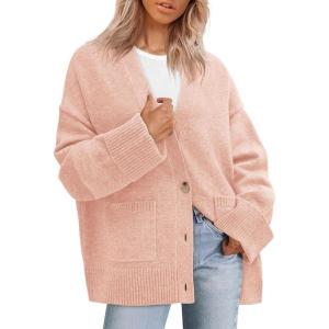 imagePRETTYGARDEN Womens 2026 Oversized Cardigan Sweaters Trendy Chunky Knit Long Sleeve V Neck Button Down Fall Winter OutfitsPink