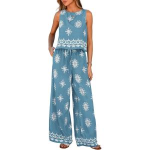 imagePRETTYGARDEN Womens 2026 Summer 2 Piece Lounge Sets Boho Floral Tank Tops Flowy Wide Peg Pants Travel Beach Vacation OutfitsFloral Grey Blue White