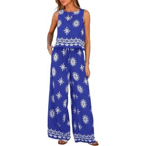 imagePRETTYGARDEN Womens 2026 Summer 2 Piece Lounge Sets Boho Floral Tank Tops Flowy Wide Peg Pants Travel Beach Vacation OutfitsFloral Royal Blue White