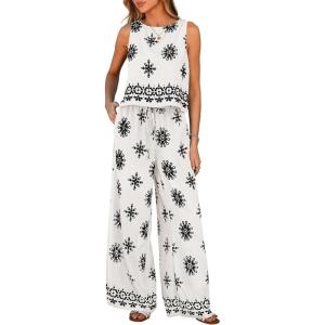 imagePRETTYGARDEN Womens 2026 Summer 2 Piece Lounge Sets Boho Floral Tank Tops Flowy Wide Peg Pants Travel Beach Vacation OutfitsFloral White Black