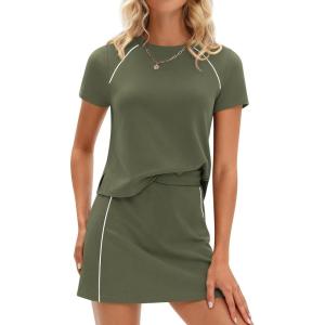 imagePRETTYGARDEN Womens 2026 Summer 2 Piece Skirt Sets Short Sleeve Shirts Tops Skorts Matching Workout Clothes Travel OutfitsArmy Green
