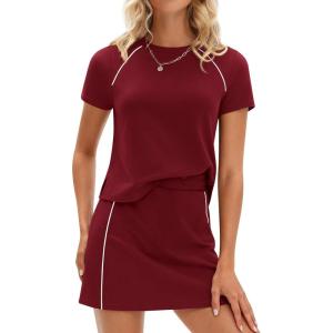 imagePRETTYGARDEN Womens 2026 Summer 2 Piece Skirt Sets Short Sleeve Shirts Tops Skorts Matching Workout Clothes Travel OutfitsBurgundy