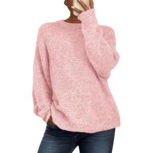 imagePRETTYGARDEN Womens Fall Long Sleeve Sweater Crew Neck Fuzzy Loose Fit Chunky Knit Oversized Pullover Sweaters Going Out TopsPink