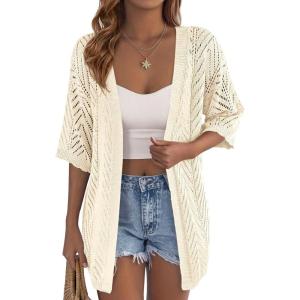 imagePRETTYGARDEN Womens Lightweight Summer Cardigans 2026 Short Sleeve Knit Crochet Coverups Spring Boho Beach Vacation ClothesBeige