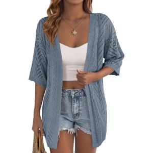 imagePRETTYGARDEN Womens Lightweight Summer Cardigans 2026 Short Sleeve Knit Crochet Coverups Spring Boho Beach Vacation ClothesDusty Blue