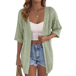 imagePRETTYGARDEN Womens Lightweight Summer Cardigans 2026 Short Sleeve Knit Crochet Coverups Spring Boho Beach Vacation ClothesGreen