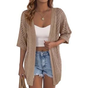 imagePRETTYGARDEN Womens Lightweight Summer Cardigans 2026 Short Sleeve Knit Crochet Coverups Spring Boho Beach Vacation ClothesLight Brown
