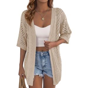 imagePRETTYGARDEN Womens Lightweight Summer Cardigans 2026 Short Sleeve Knit Crochet Coverups Spring Boho Beach Vacation ClothesLight Khaki
