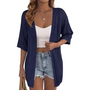imagePRETTYGARDEN Womens Lightweight Summer Cardigans 2026 Short Sleeve Knit Crochet Coverups Spring Boho Beach Vacation ClothesNavy Blue