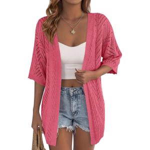 imagePRETTYGARDEN Womens Lightweight Summer Cardigans 2026 Short Sleeve Knit Crochet Coverups Spring Boho Beach Vacation ClothesWatermelon Red