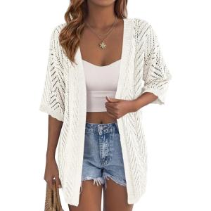 imagePRETTYGARDEN Womens Lightweight Summer Cardigans 2026 Short Sleeve Knit Crochet Coverups Spring Boho Beach Vacation ClothesWhite