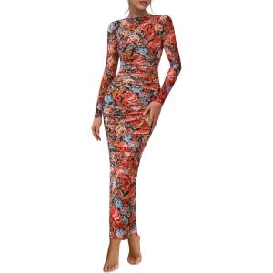 imagePRETTYGARDEN Womens Long Sleeve Maxi Dresses 2026 Spring Ruched Bodycon Floral Mesh Formal Wedding Guest Cocktail Party DressBlack Multicolored Floral