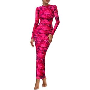 imagePRETTYGARDEN Womens Long Sleeve Maxi Dresses 2026 Spring Ruched Bodycon Floral Mesh Formal Wedding Guest Cocktail Party DressBlack Rose Red Big Floral