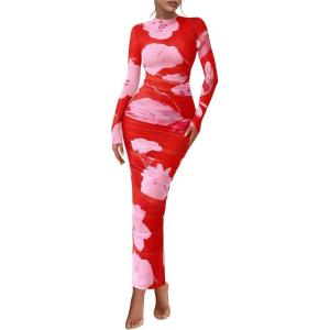 imagePRETTYGARDEN Womens Long Sleeve Maxi Dresses 2026 Spring Ruched Bodycon Floral Mesh Formal Wedding Guest Cocktail Party DressBrick Red Flower