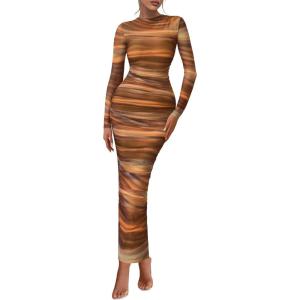 imagePRETTYGARDEN Womens Long Sleeve Maxi Dresses 2026 Spring Ruched Bodycon Floral Mesh Formal Wedding Guest Cocktail Party DressBrown Floral