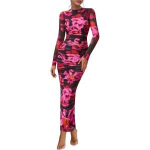 imagePRETTYGARDEN Womens Long Sleeve Maxi Dresses 2026 Spring Ruched Bodycon Floral Mesh Formal Wedding Guest Cocktail Party DressFloral Black Pink