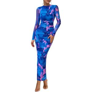 imagePRETTYGARDEN Womens Long Sleeve Maxi Dresses 2026 Spring Ruched Bodycon Floral Mesh Formal Wedding Guest Cocktail Party DressFloral Blue Pink