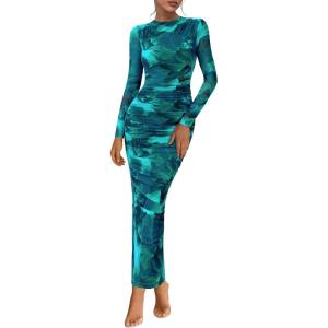 imagePRETTYGARDEN Womens Long Sleeve Maxi Dresses 2026 Spring Ruched Bodycon Floral Mesh Formal Wedding Guest Cocktail Party DressFloral Lake Blue