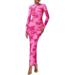imagePRETTYGARDEN Womens Long Sleeve Maxi Dresses 2026 Spring Ruched Bodycon Floral Mesh Formal Wedding Guest Cocktail Party DressFloral Pink Rose Red